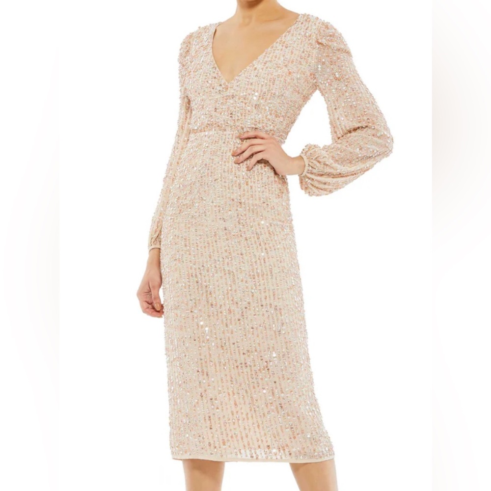 Mac Duggal Sequined Illusion Puff Sleeve V Neck Midi Nude Dress New Size 8